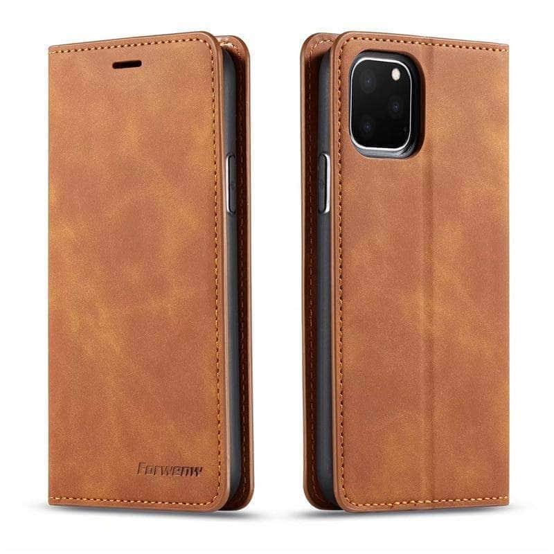 Zijaanzicht van het slanke leren hoesje voor iPhone 11